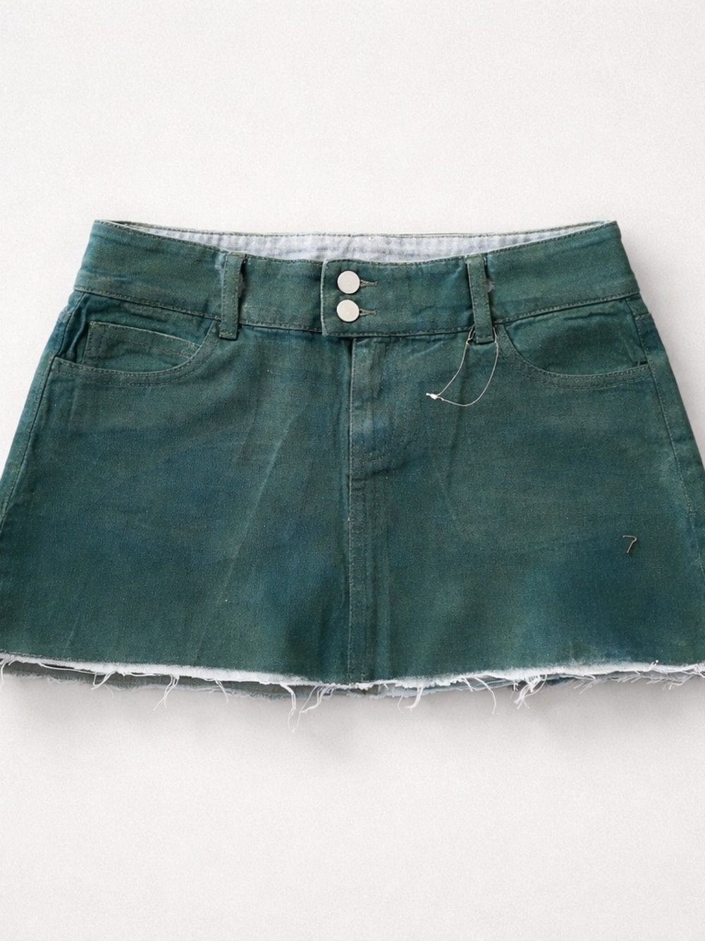 Green Denim Mini Skirt with Raw Hem